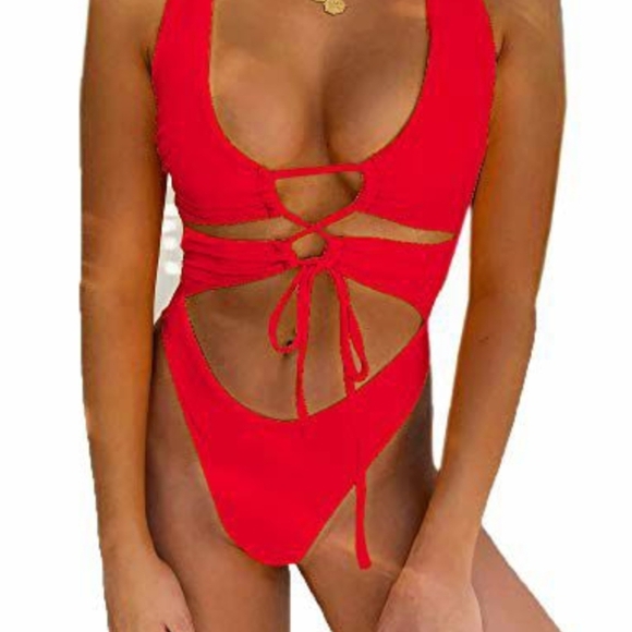 Women's Sexy Cutout Lace Up Backless High Cut One Piece Swimsuit Monokini - Picture 3 of 3